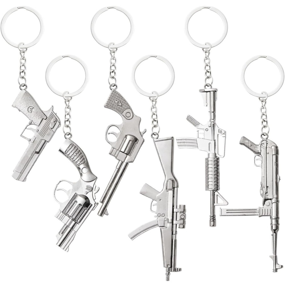 Juvale 6 Pack Mini Gun Keychains for Men, Silver Metal